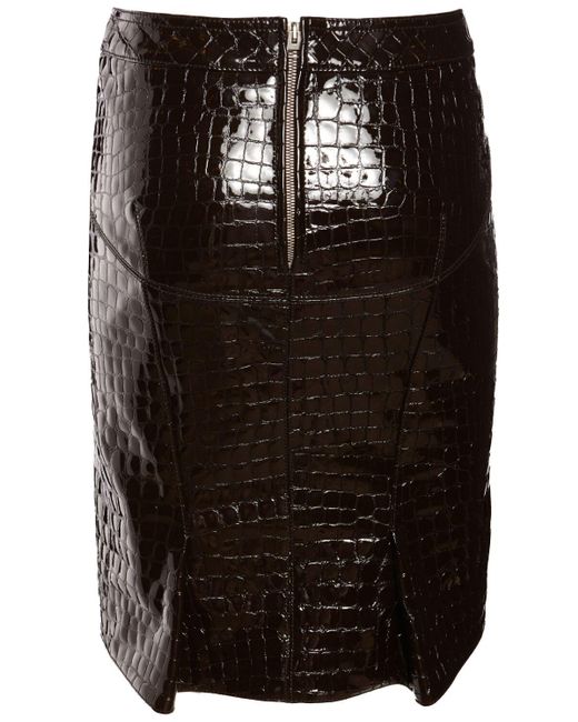 Tom Ford Black Glossy Croc Print Leather Mini Skirt