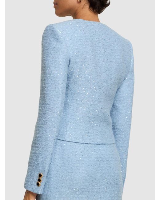 Alessandra Rich Blue Sequined Tweed Square Neck Jacket