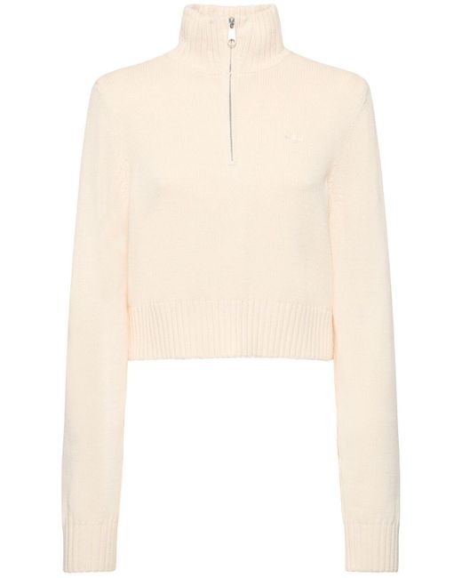 Adidas Originals White Cotton Knit Half Zip Crop Sweatshirt