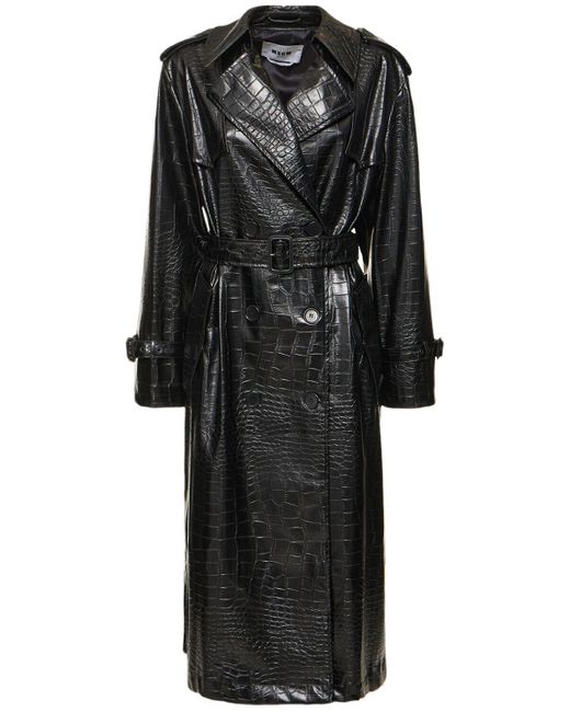 MSGM Black Croc Embossed Faux Leather Trench Coat
