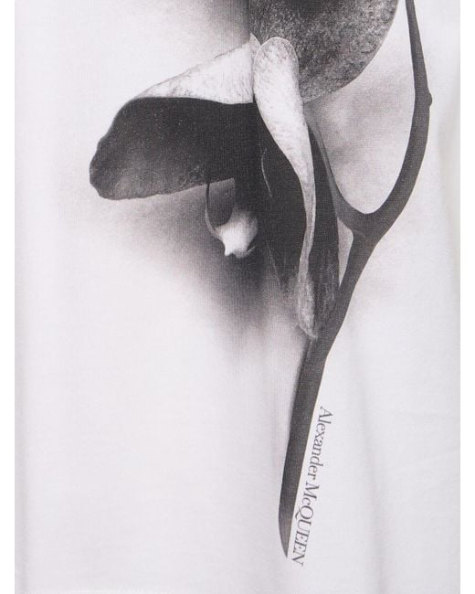 Alexander McQueen White Orchid Print Cotton T-Shirt