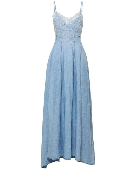 Ermanno Scervino Blue Embroidered Cotton & Linen Maxi Dress