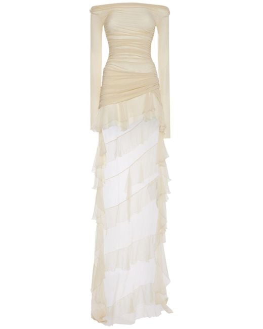 Blumarine White Ruffled Chiffon Off-The-Shoulder Dress