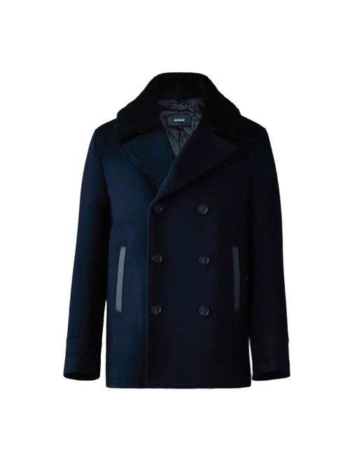 Mackage Blue Cole Wool Double-Breasted Jacket With Shearling Collar for men