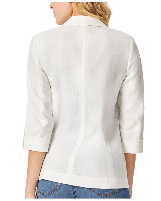 Jones New York White Solid Notched-collar Patch-pocket Linen Jacket