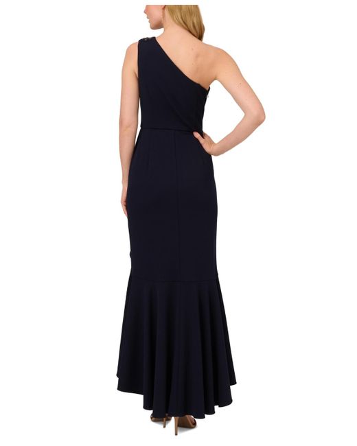 Adrianna Papell Black Beaded One-shoulder Gown