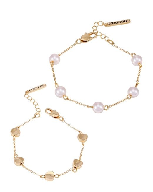 Tahari White Tone 2-piece Imitation Pearl Line Bracelet Set