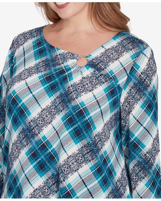 Ruby Rd Blue Plus Size Ring Neck Plaid Hatchi Knit Top