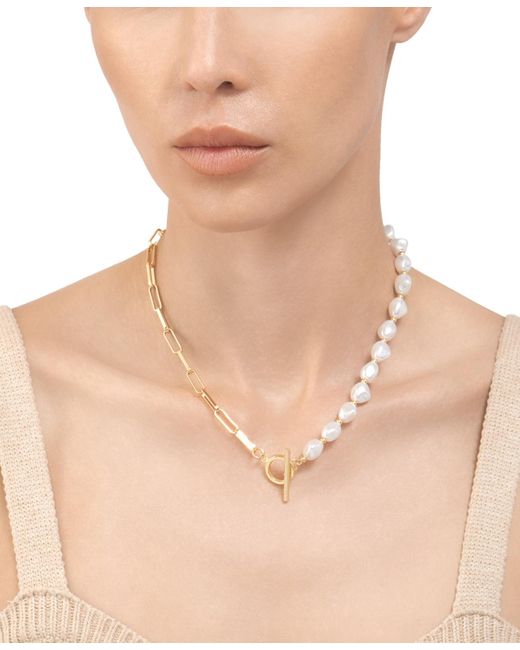 Adornia Metallic 14k -plated Imitation Pearl & Paperclip Chain 17" toggle Necklace