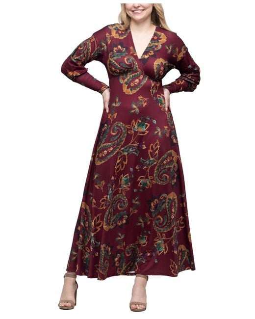 24seven Comfort Apparel Red Wine Paisley Print Sleeve A Line Maxi Dress