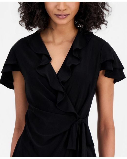 Anne Klein Black Flutter-sleeve Wrap Top