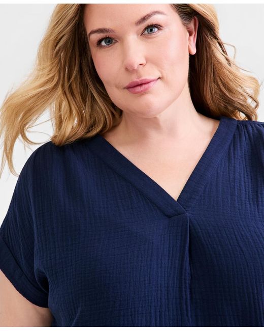 Style & Co. Blue Plus Size Solid V-neck Camp Shirt