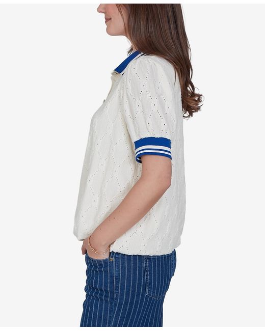 Ruby Rd Blue Plus Size Diamond Eyelet Bubble Hem Top