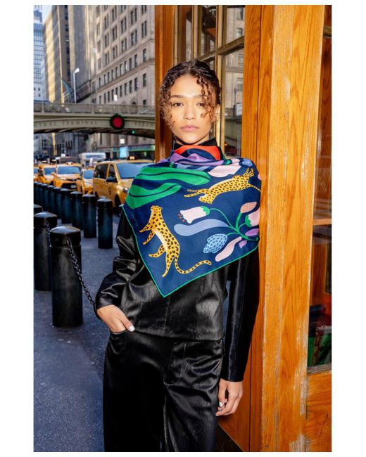 Jessie Zhao New York Green Double Sided Wool Silk Scarf Of Jungle Night