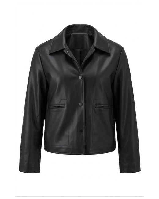 Modenaire Black Leather Button-front Collared Jacket