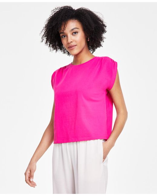 BarIII Pink Petite Ruched-shoulder Cap-sleeve Knit Top