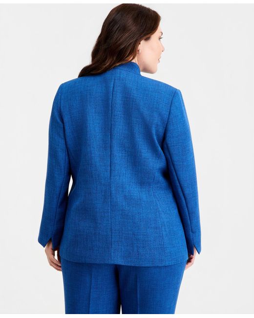 Kasper Blue Plus Size Collarless One-button Blazer
