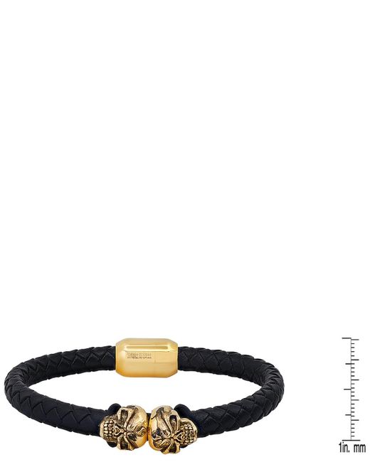 Steeltime Black Braided Leather And 18k Gold-plated Stainless-steel Skulls Bracelet for men