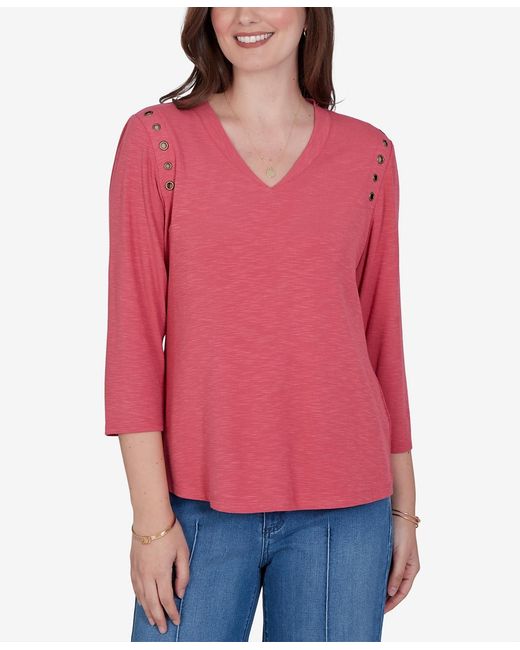 Ruby Rd Red Plus Size Solid Rib Top With Grommet Detail