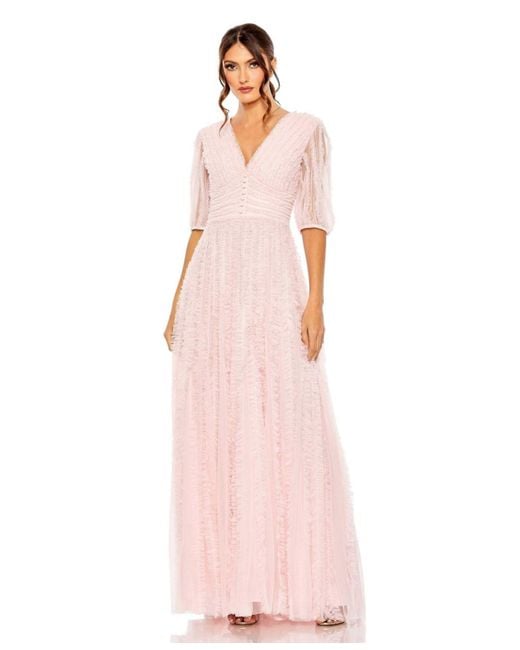 Mac Duggal V-neck Puff Sleeve Ruffle Tiered A Line Gown in Pink | Lyst