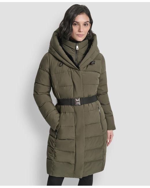 DKNY Green Belted Asymmetrical Zip Front Puffer Coat