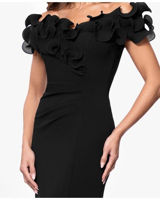 Xscape Blue Ruffled-off-the-shoulder Crepe Gown