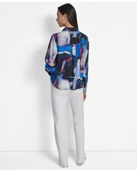 DKNY Blue Printed Long-sleeve Twist-front Blouse