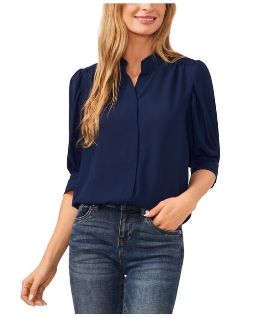 Cece Blue 3/4-sleeve Collared Button Down Top