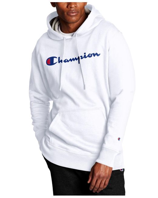 Champion White Powerblend® Pullover Hoodie, Script Logo for men
