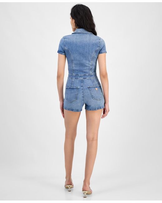 Guess Blue Janae Collared Zip-front Denim Romper
