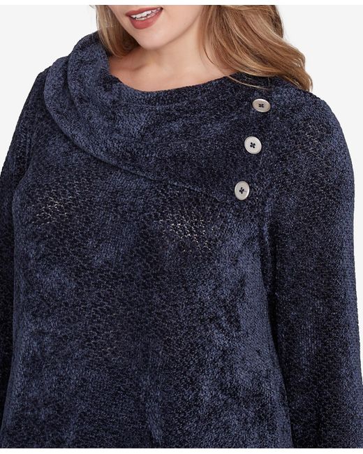 Ruby Rd Blue Plus Size Split Cowl Neck Chenille Shine Knit Top