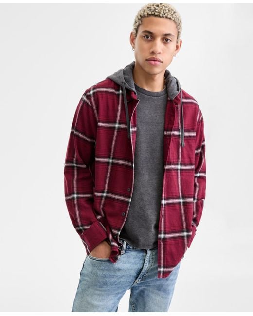 Sun & Stone Sun + Stone Bird Layered-look Hooded Cotton Flannel Plaid Shirt for men