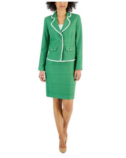 Le Suit Green Check Print Contrast Trim Skirt Suit
