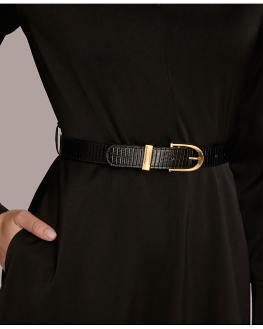 Donna Karan Black Satin V-neck Belted A-line Midi Dress