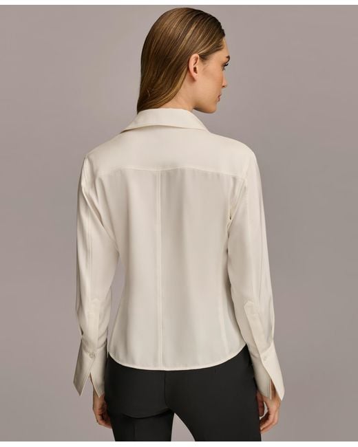 Donna Karan Natural Petite Button Front Point Hem Top