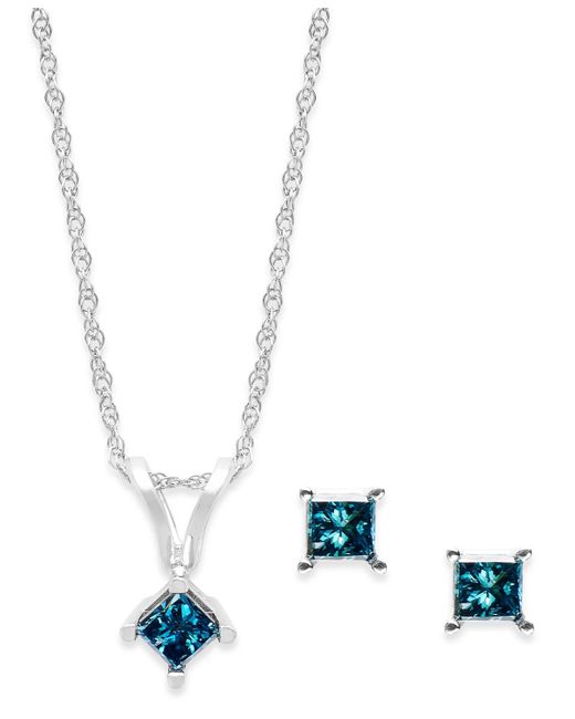 Macy's 10k White Gold Blue Diamond Necklace And Earring Set (1/6 Ct. T.w.)