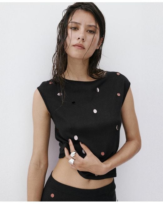 Mango Black Short-sleeve Sequined Top