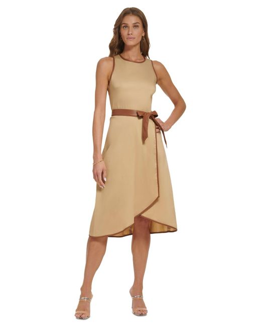DKNY Mixedmedia Belted Midi Dress in Natural Lyst