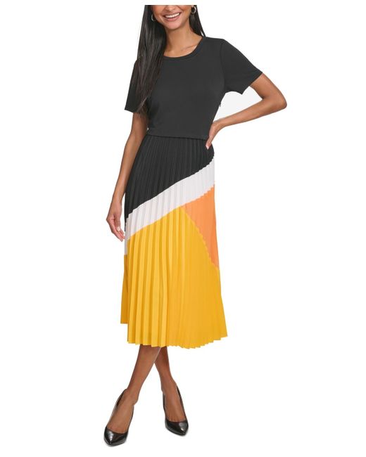 Karl Lagerfeld Yellow Pleated-skirt Midi Dress
