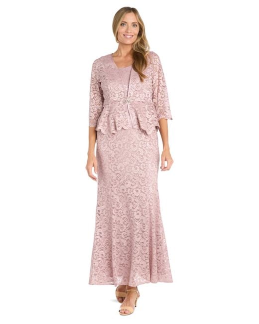 R M Richards Women's Pink Petite Metallic-lace Gown