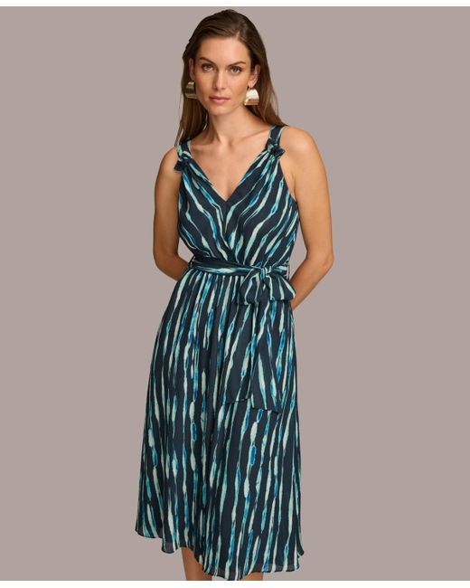 Donna Karan Blue Printed Belted A-line Dress