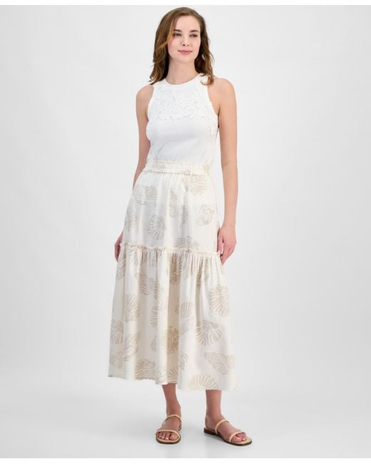 Jones New York White Printed Tiered Maxi Skirt