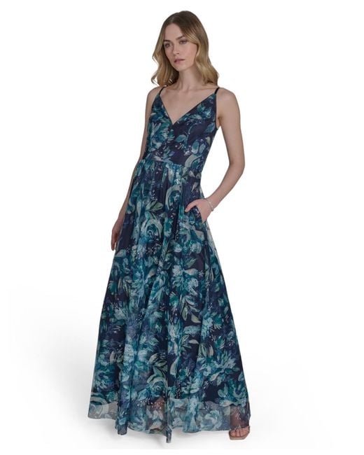 Eliza J Blue Embroidered Sequined Sleeveless Ball Gown