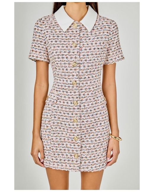 Endless Rose Women's White Multi Tweed Collared Short Sleeve Dress