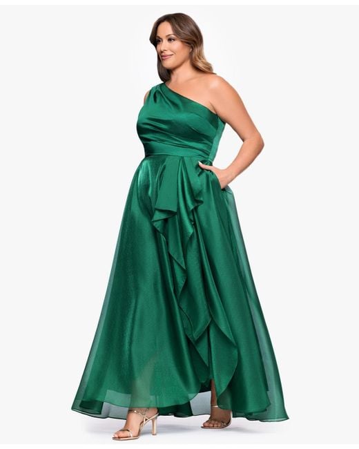 xscape green one shoulder dress Xscape Women's Ruffled One-Shoulder Scuba Gown - Hunter