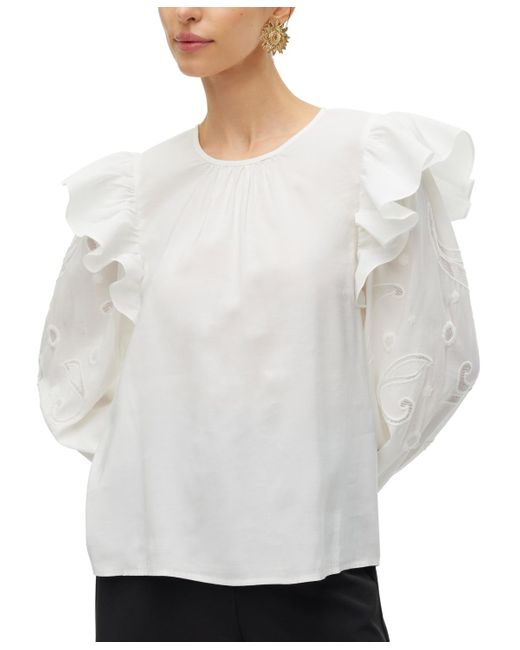 Vero Moda White Bilde Embroidered-sleeve Frilled Top