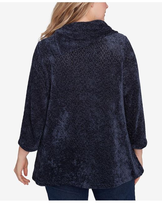 Ruby Rd Blue Plus Size Split Cowl Neck Chenille Shine Knit Top