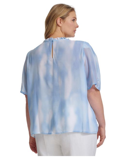 Calvin Klein Blue Plus Size Printed Ruffle-trim Short-sleeve Blouse