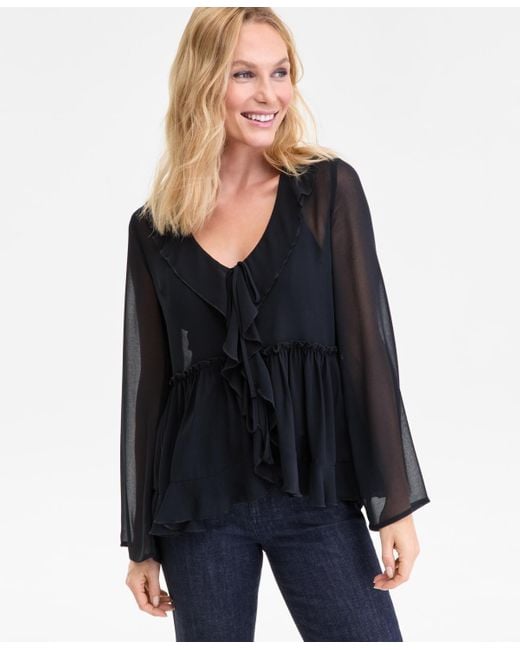 INC International Concepts Black Printed Ruffle-collar Top