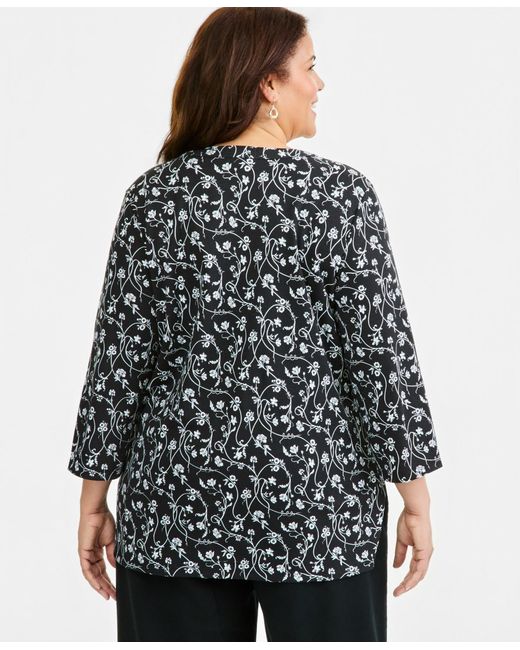 Style & Co. Black Plus Size Vine Floral Split-neck 3/4-sleeve Tunic